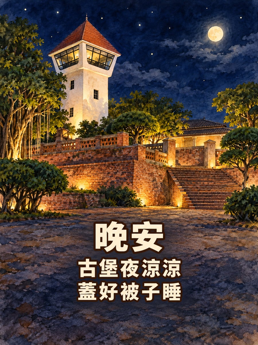 安平古堡夜色。圖中文字：晚安，古堡夜涼涼，蓋好被子睡