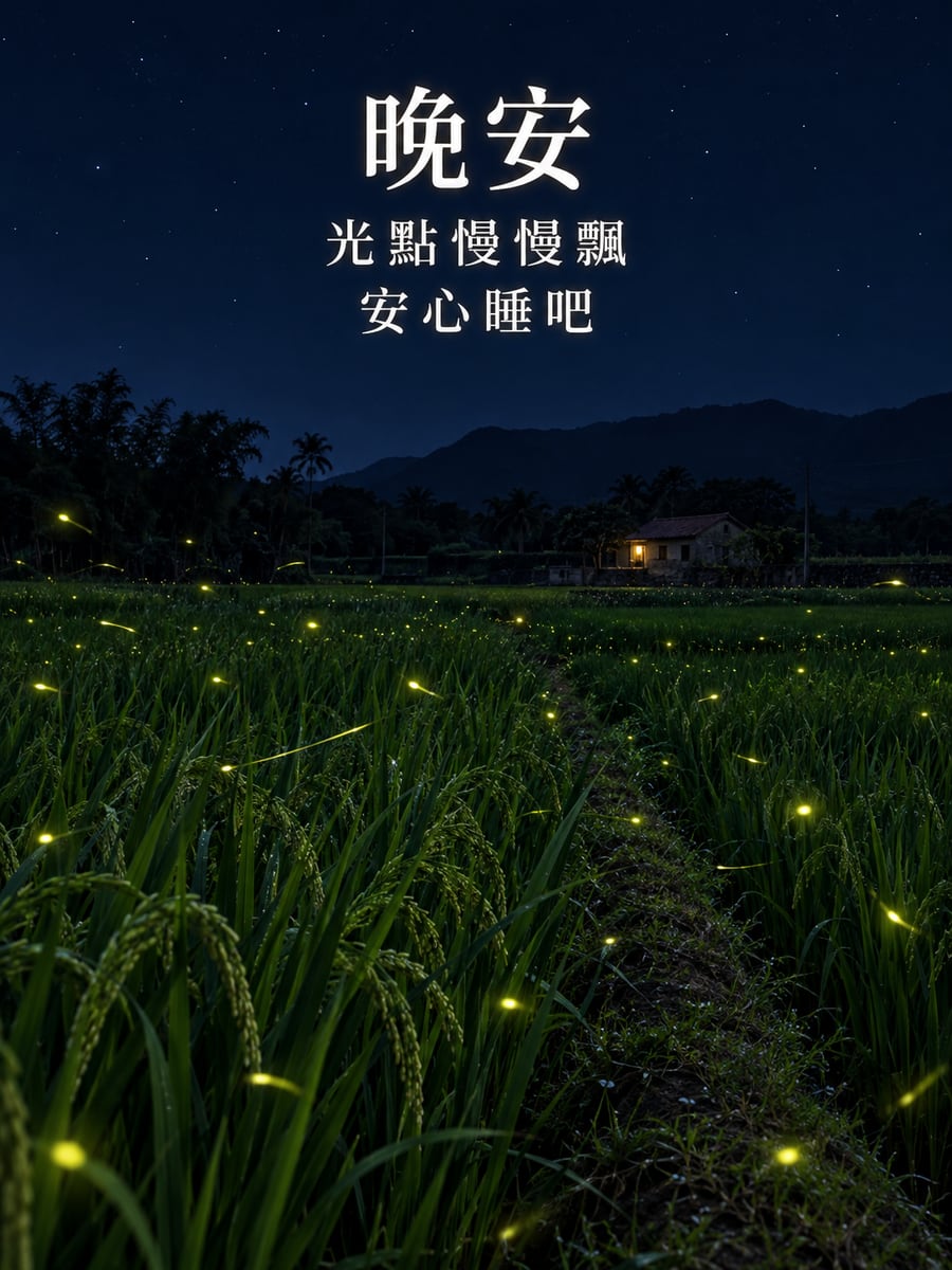 田埂螢火蟲。圖中文字：晚安，光點慢慢飄，安心睡吧