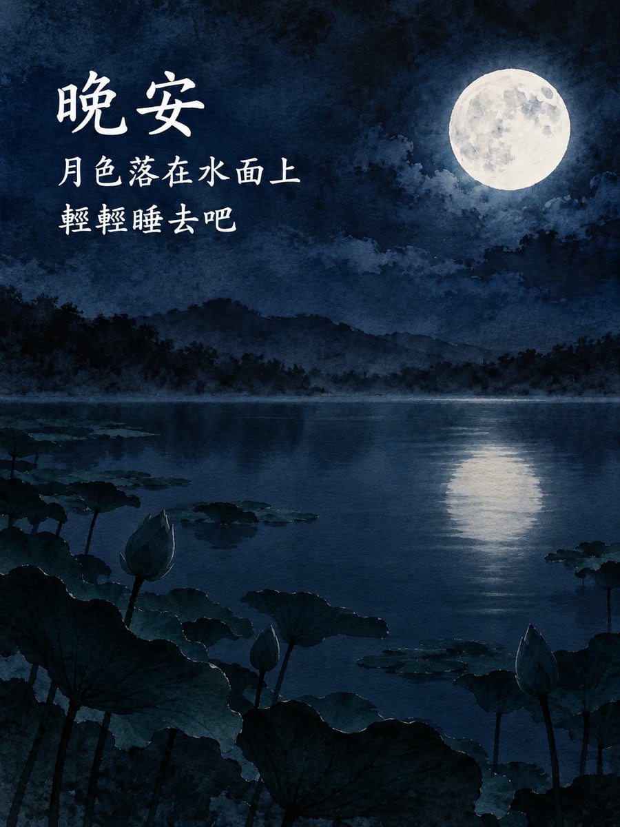 荷塘月影。圖中文字：晚安，月色落在水面上，輕輕睡去吧