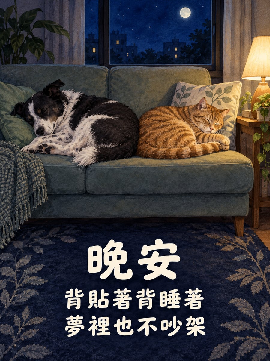 貓狗靠著睡。圖中文字：晚安，背貼著背睡著，夢裡也不吵架