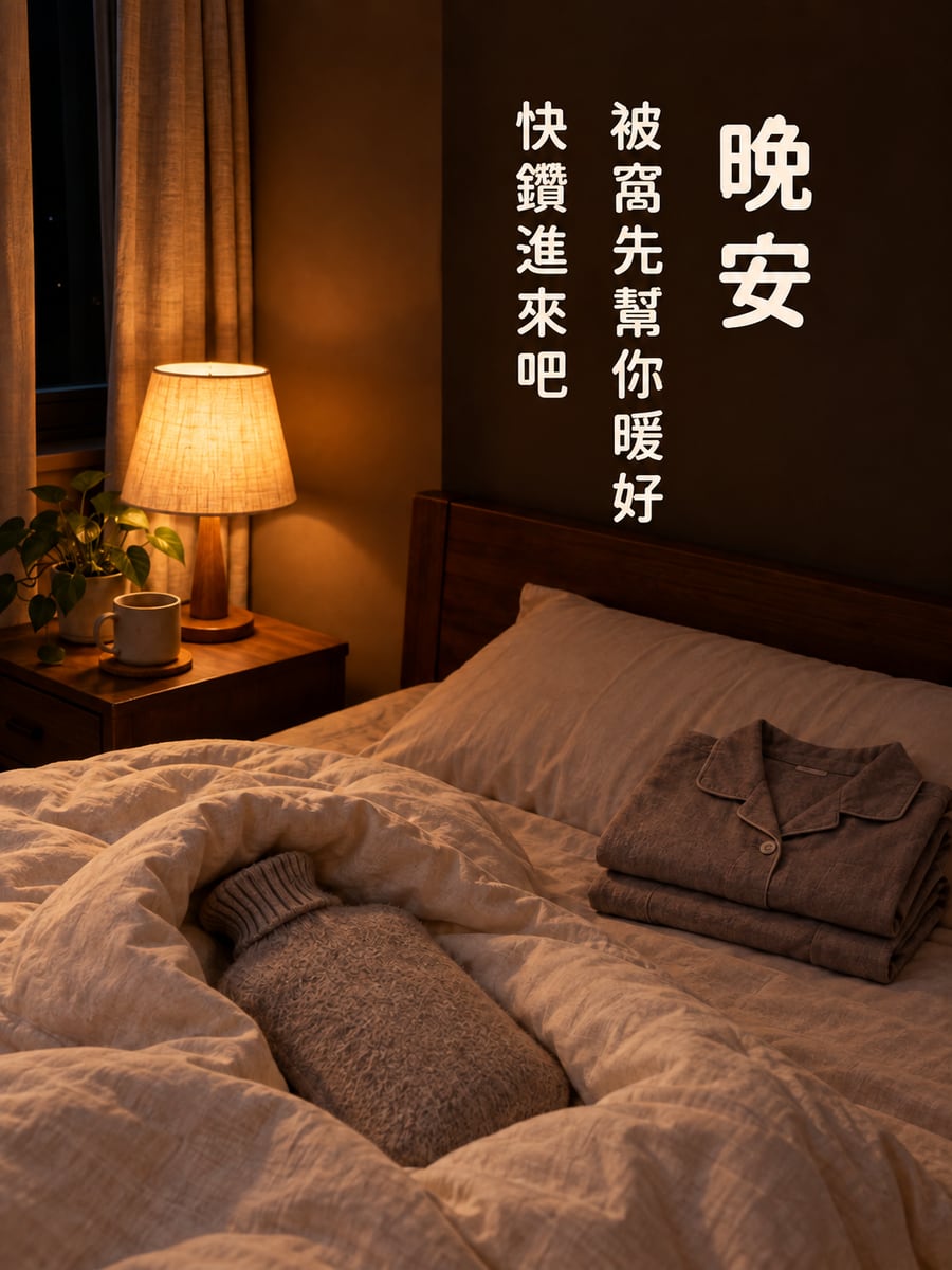被窩先暖好。圖中文字：晚安，被窩先幫你暖好，快鑽進來吧