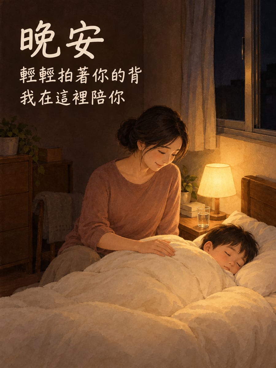 媽媽輕拍孩子入睡。圖中文字：晚安，輕輕拍著你的背，我在這裡陪你