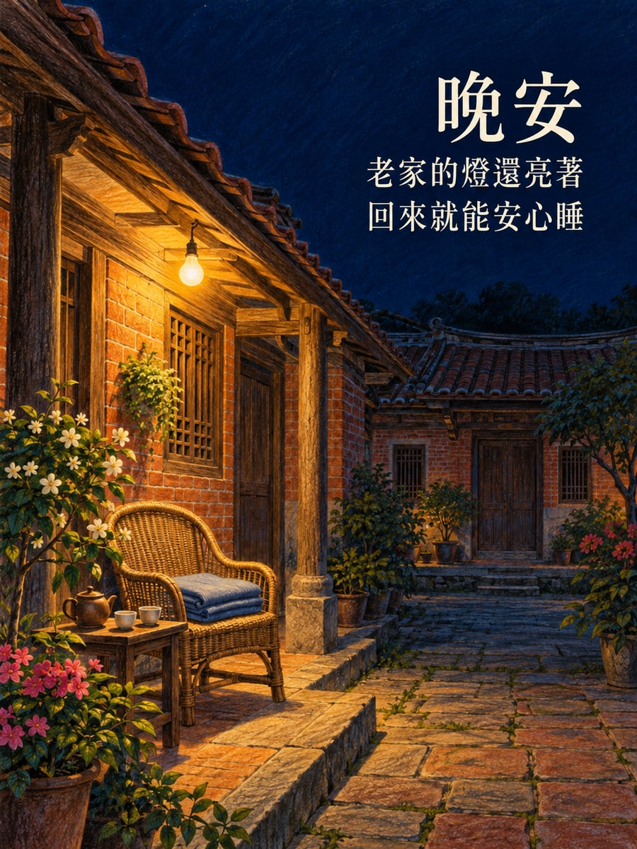 老家廊下的燈。圖中文字：晚安，老家的燈還亮著，回來就能安心睡