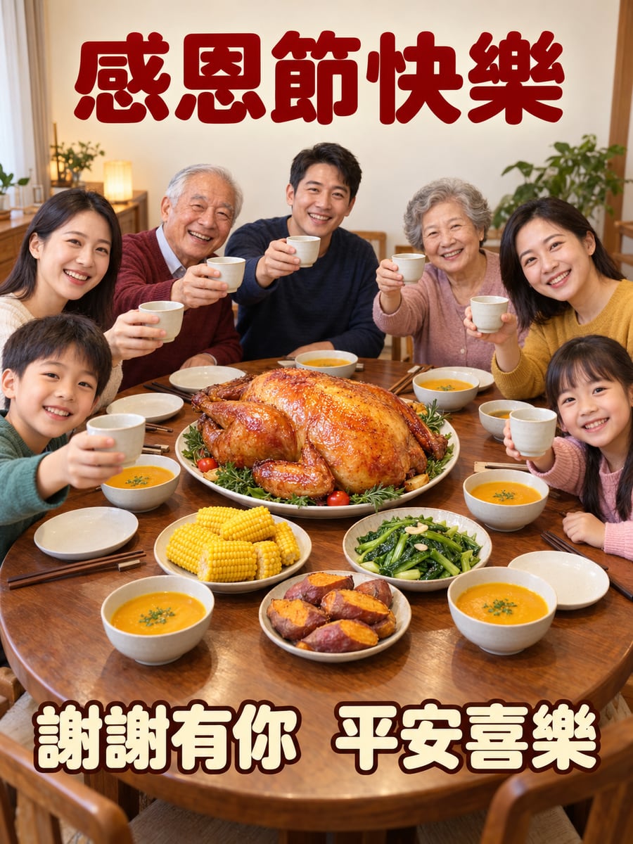 全家圍著圓桌。圖中文字：感恩節快樂，謝謝有你，平安喜樂