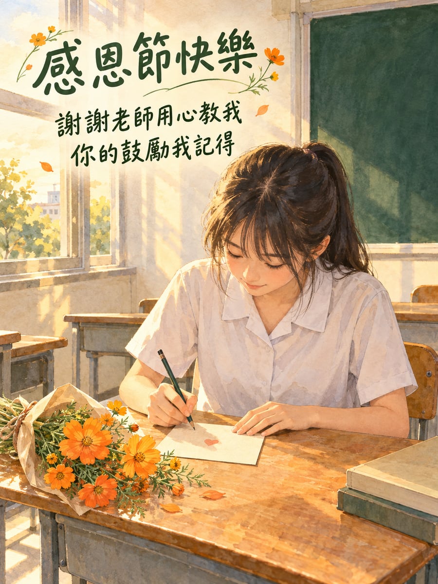 寫一張謝卡給老師。圖中文字：感恩節快樂，謝謝老師用心教我，你的鼓勵我記得