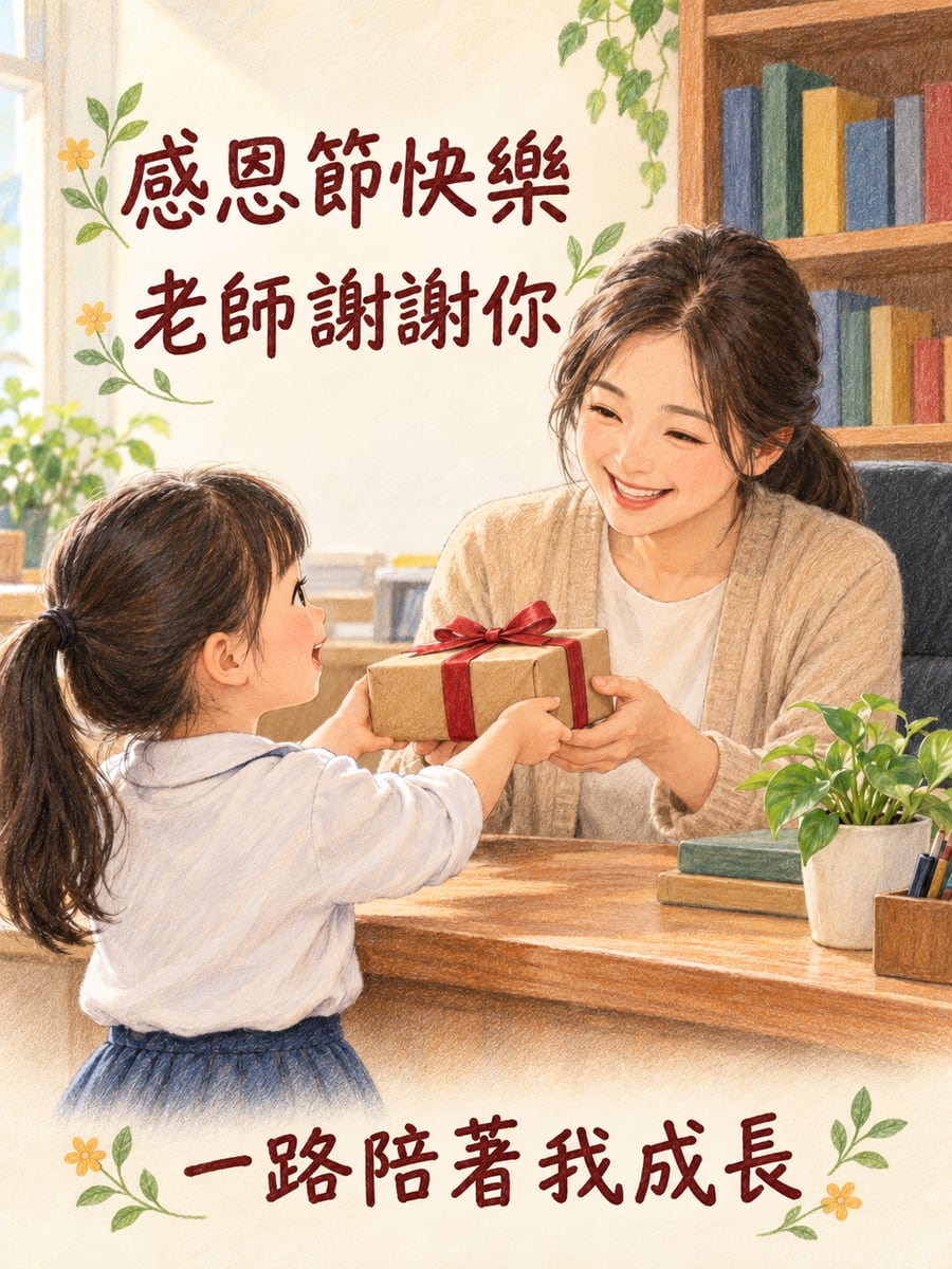 送小禮物給老師。圖中文字：感恩節快樂，老師謝謝你，一路陪著我成長