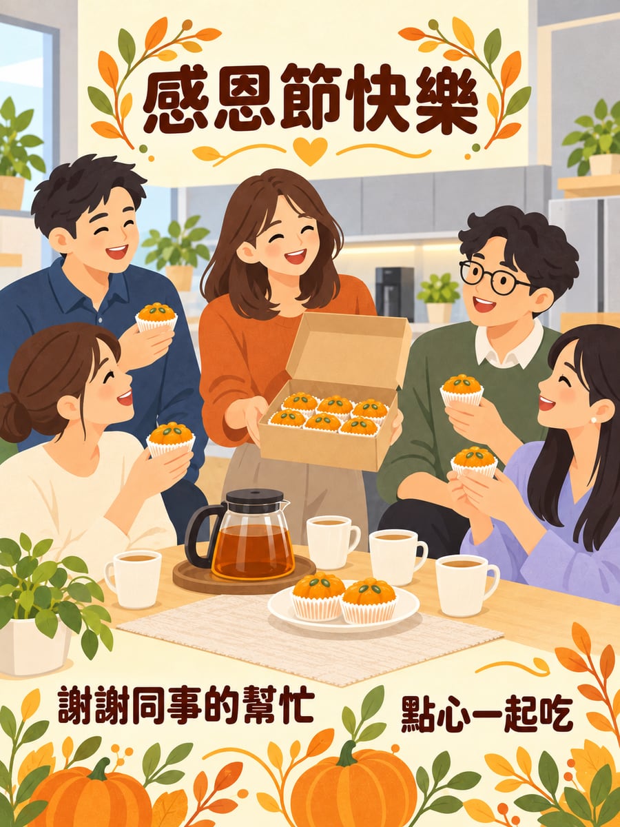同事分享點心。圖中文字：感恩節快樂，謝謝同事的幫忙，點心一起吃