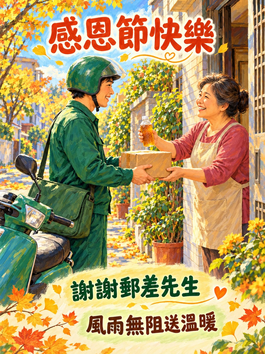 謝謝郵差先生。圖中文字：感恩節快樂，謝謝郵差先生，風雨無阻送溫暖