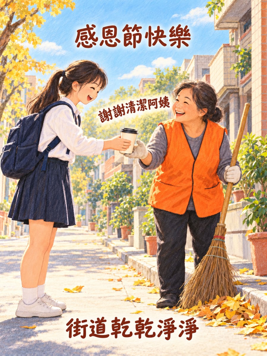 謝謝清潔阿姨。圖中文字：感恩節快樂，謝謝清潔阿姨，街道乾乾淨淨