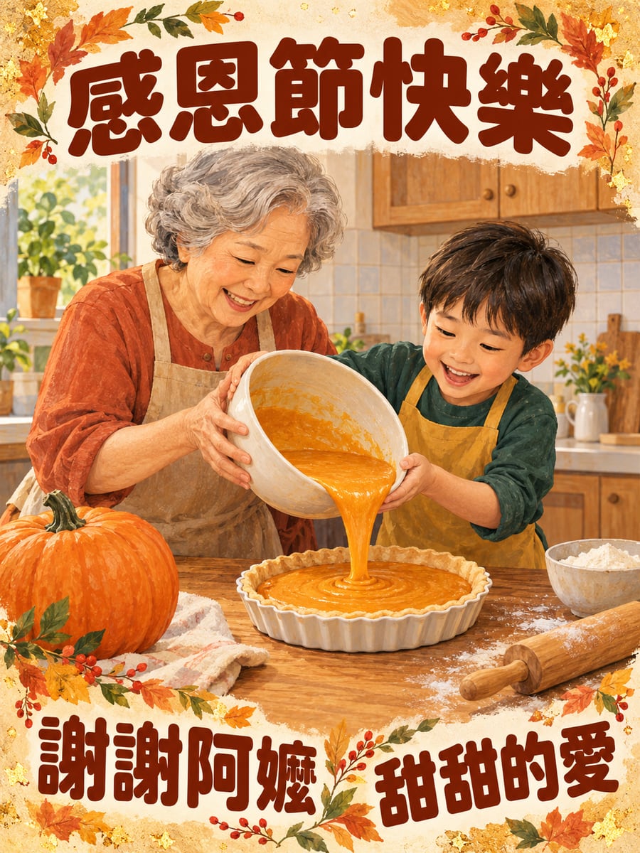和阿嬤做南瓜派。圖中文字：感恩節快樂，謝謝阿嬤，甜甜的愛