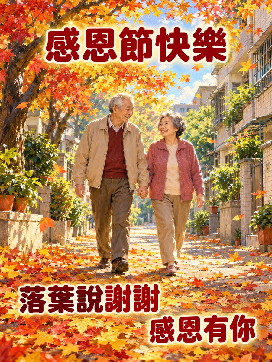 落葉小街手牽手。圖中文字：感恩節快樂，落葉說謝謝，感恩有你