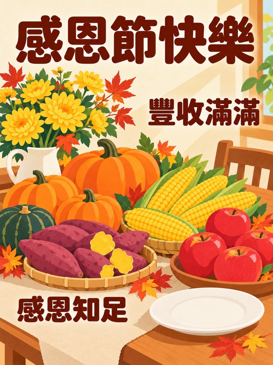 南瓜玉米豐收桌。圖中文字：感恩節快樂，豐收滿滿，感恩知足