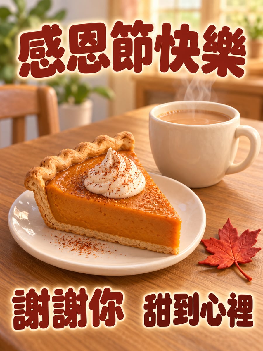 南瓜派配熱茶。圖中文字：感恩節快樂，謝謝你，甜到心裡