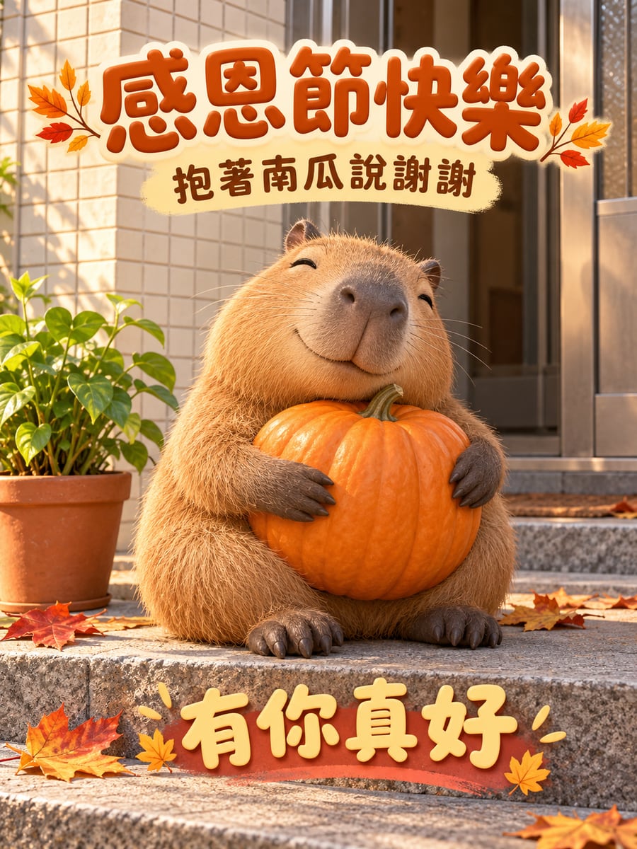 水豚抱著大南瓜。圖中文字：感恩節快樂，抱著南瓜說謝謝，有你真好