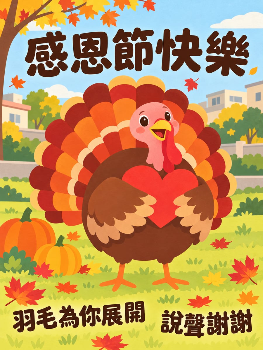大鳥捧著愛心。圖中文字：感恩節快樂，羽毛為你展開，說聲謝謝