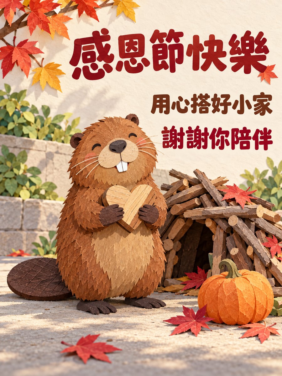 河狸的愛心木頭。圖中文字：感恩節快樂，用心搭好小家，謝謝你陪伴