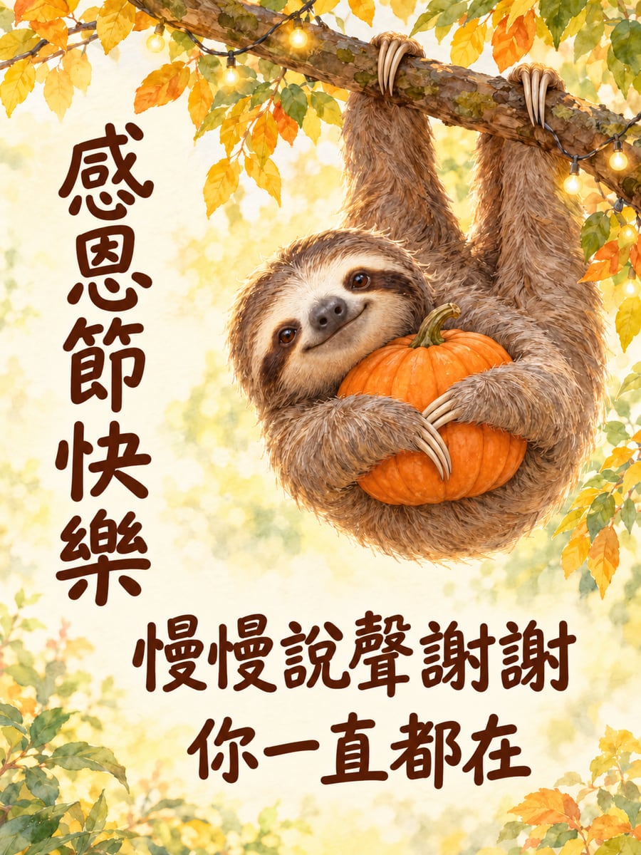樹懶慢慢說謝謝。圖中文字：感恩節快樂，慢慢說聲謝謝，你一直都在