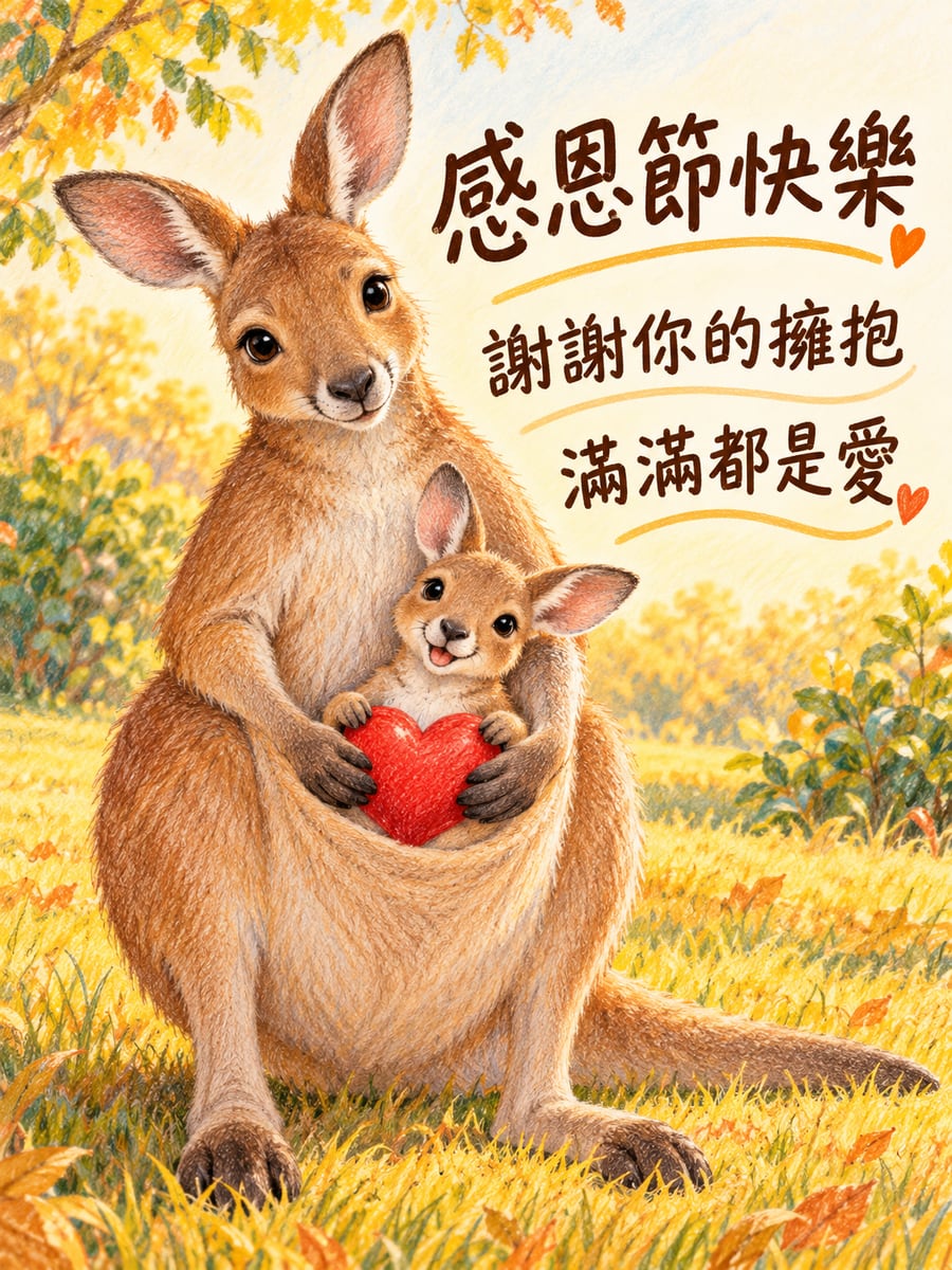 袋鼠寶寶的愛心。圖中文字：感恩節快樂，謝謝你的擁抱，滿滿都是愛