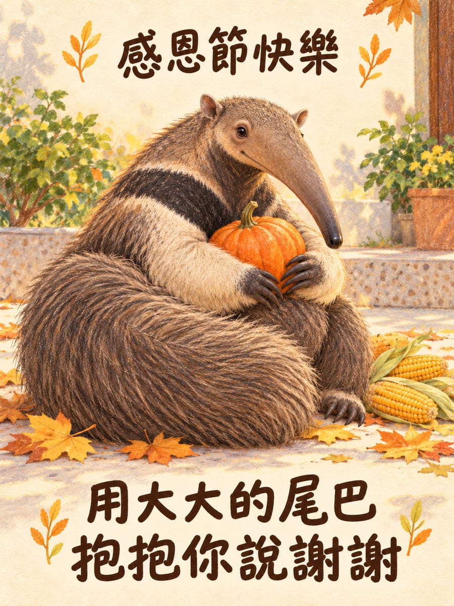 食蟻獸包著大尾巴。圖中文字：感恩節快樂，用大大的尾巴，抱抱你說謝謝