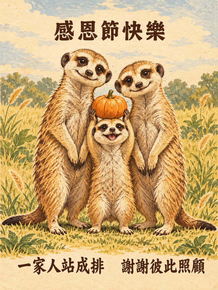 狐獴一家站成排。圖中文字：感恩節快樂，一家人站成排，謝謝彼此照顧
