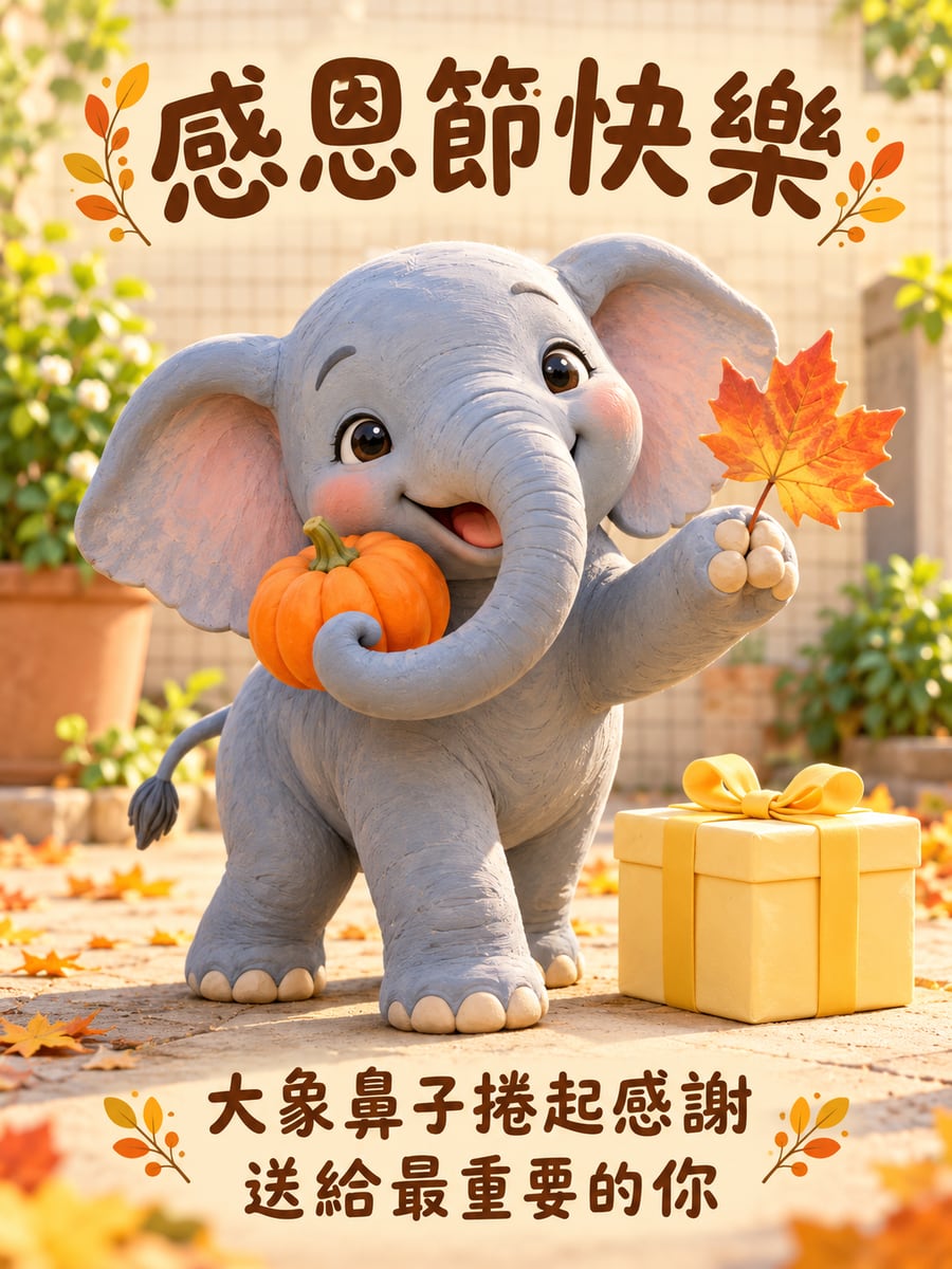 小象鼻子捲南瓜。圖中文字：感恩節快樂，大象鼻子捲起感謝，送給最重要的你