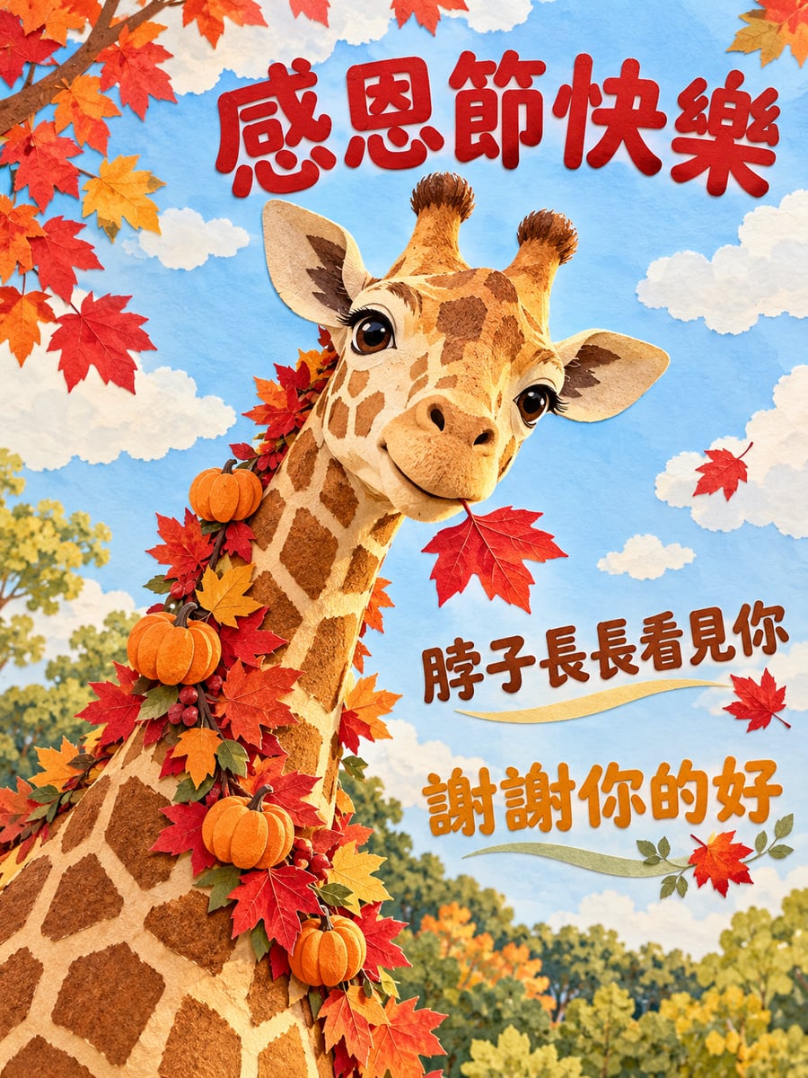 長頸鹿的楓葉花環。圖中文字：感恩節快樂，脖子長長看見你，謝謝你的好