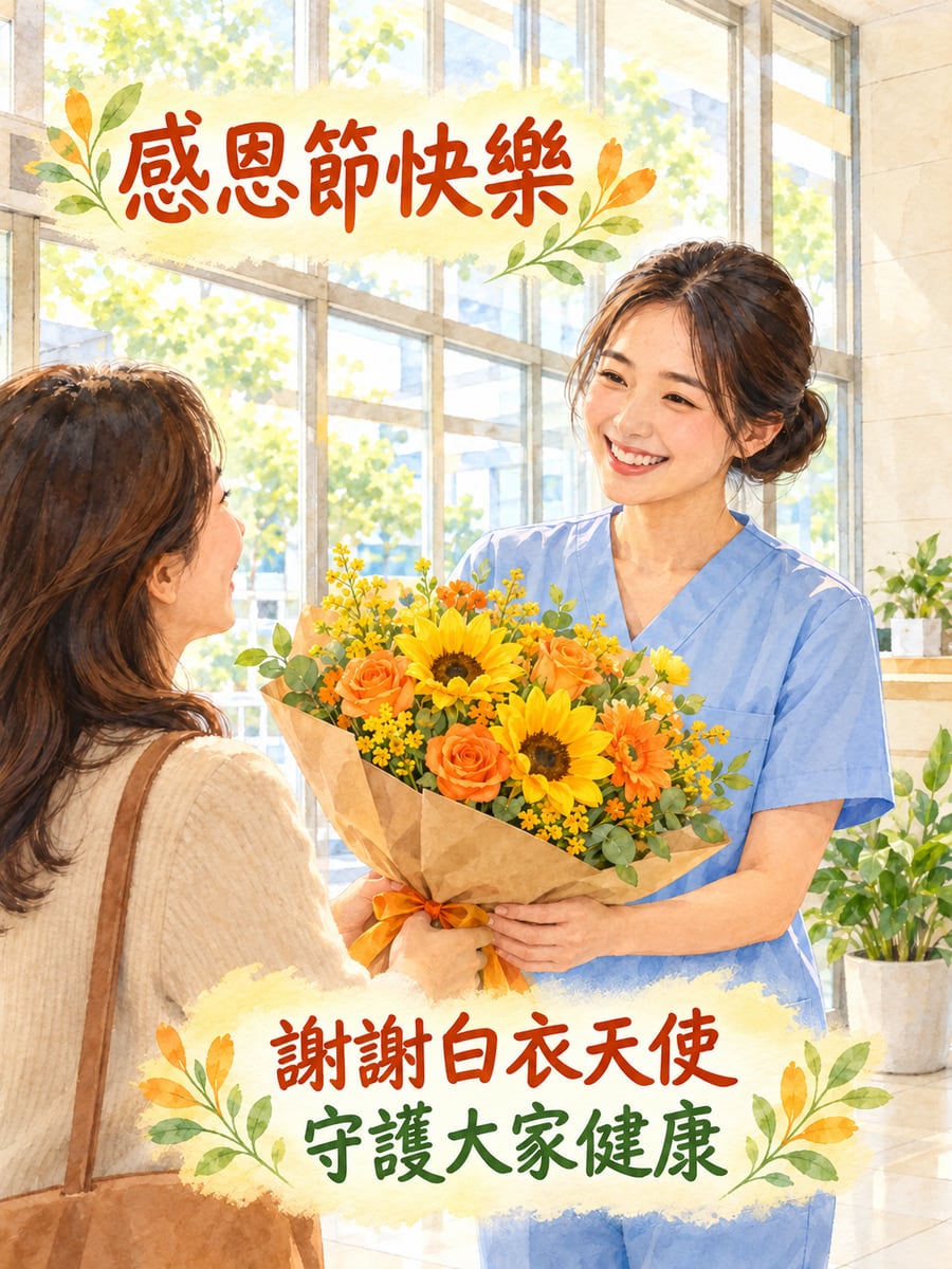 花束送給護理師。圖中文字：感恩節快樂，謝謝白衣天使，守護大家健康