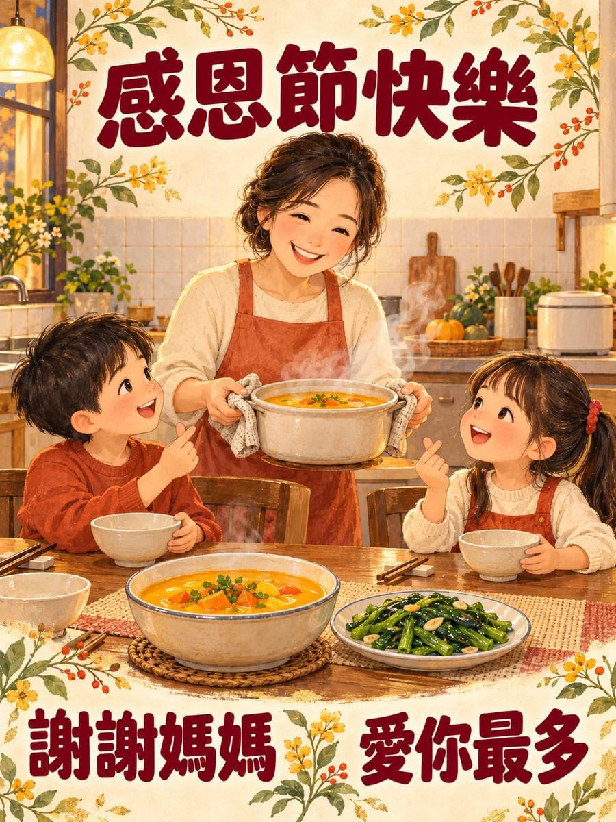 謝謝媽媽的熱湯。圖中文字：感恩節快樂，謝謝媽媽，愛你最多