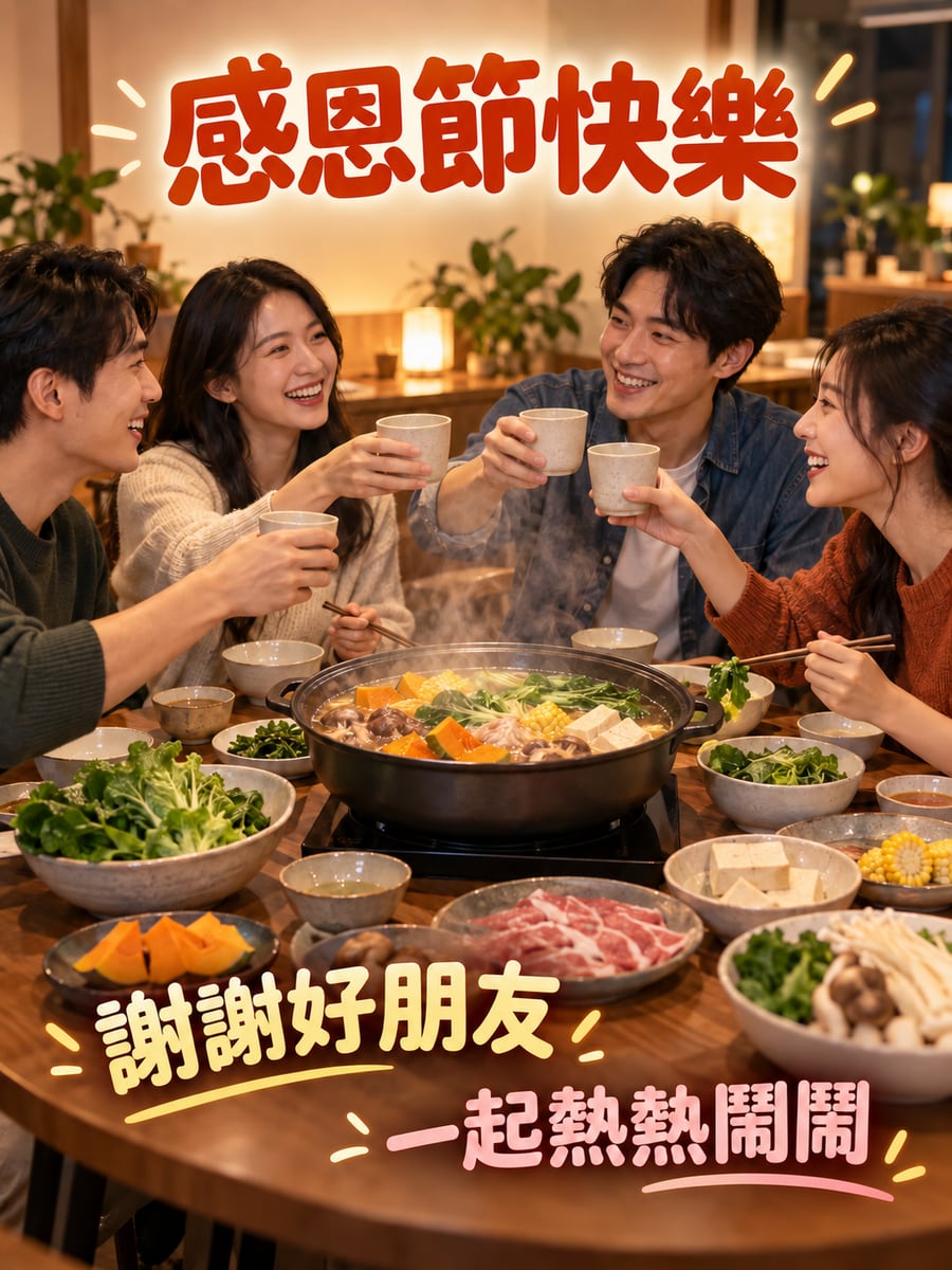 朋友圍著火鍋。圖中文字：感恩節快樂，謝謝好朋友，一起熱熱鬧鬧