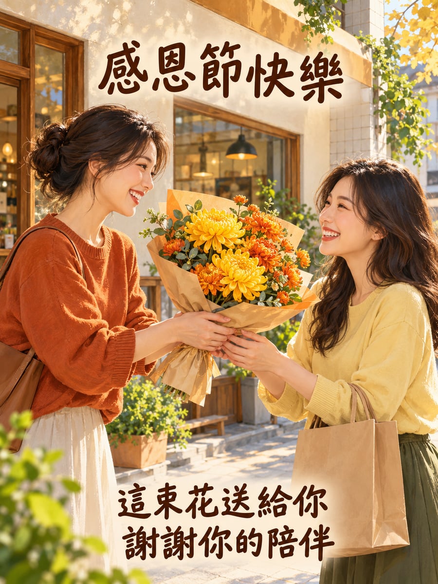一束花送好友。圖中文字：感恩節快樂，這束花送給你，謝謝你的陪伴