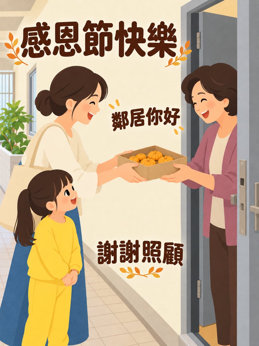 南瓜餅乾送鄰居。圖中文字：感恩節快樂，鄰居你好，謝謝照顧