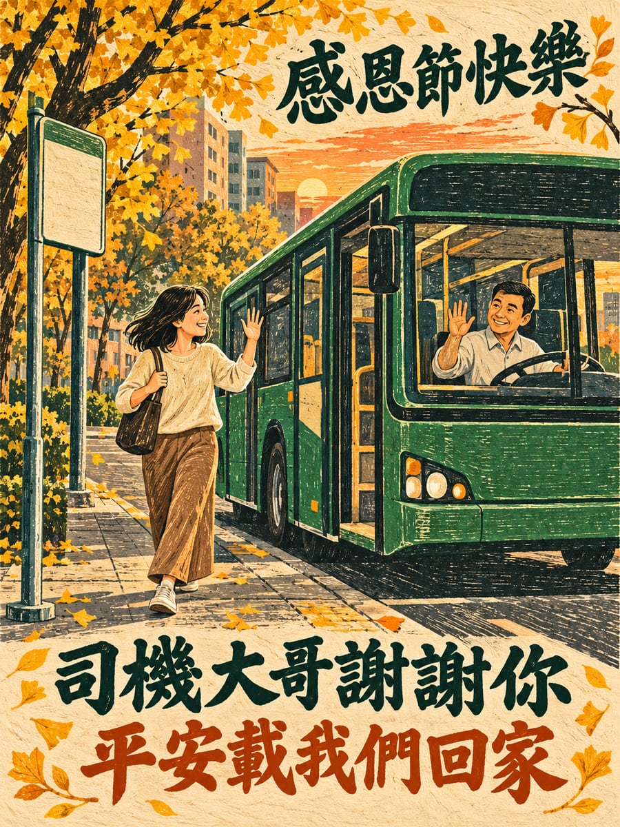 謝謝公車司機。圖中文字：感恩節快樂，司機大哥謝謝你，平安載我們回家