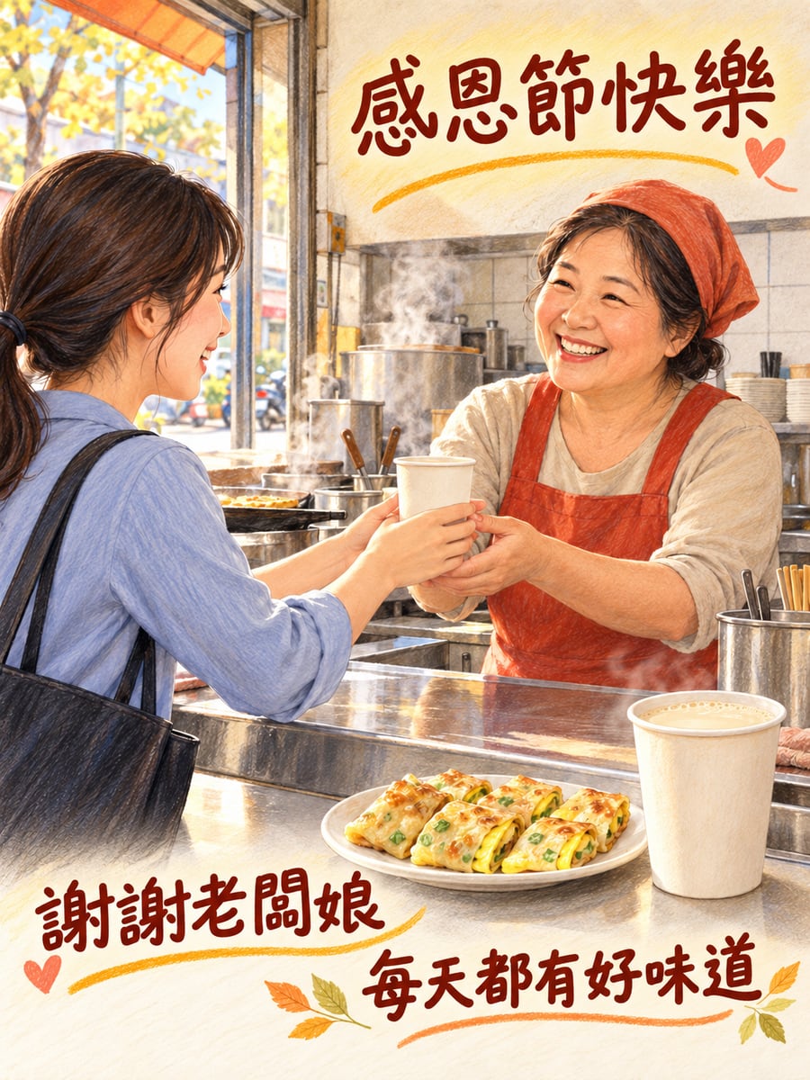 謝謝早餐店老闆娘。圖中文字：感恩節快樂，謝謝老闆娘，每天都有好味道