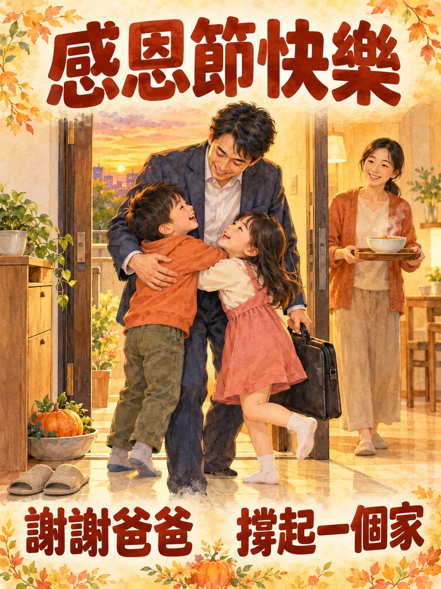 爸爸下班的擁抱。圖中文字：感恩節快樂，謝謝爸爸，撐起一個家