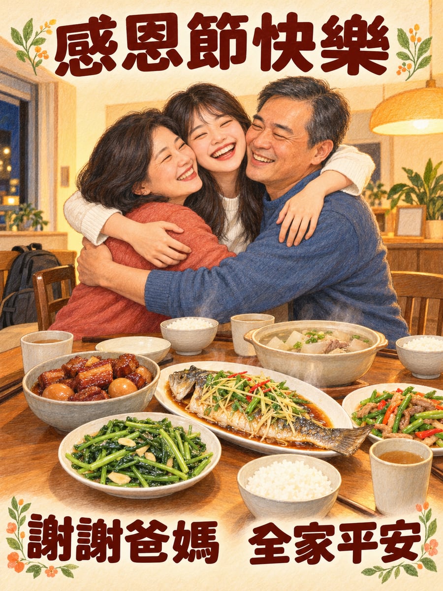 回家抱抱爸媽。圖中文字：感恩節快樂，謝謝爸媽，全家平安