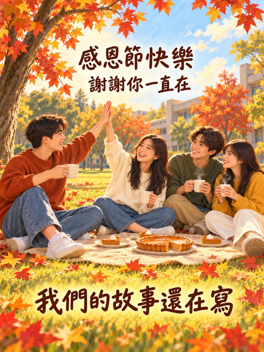 校園草地野餐。圖中文字：感恩節快樂，謝謝你一直在，我們的故事還在寫