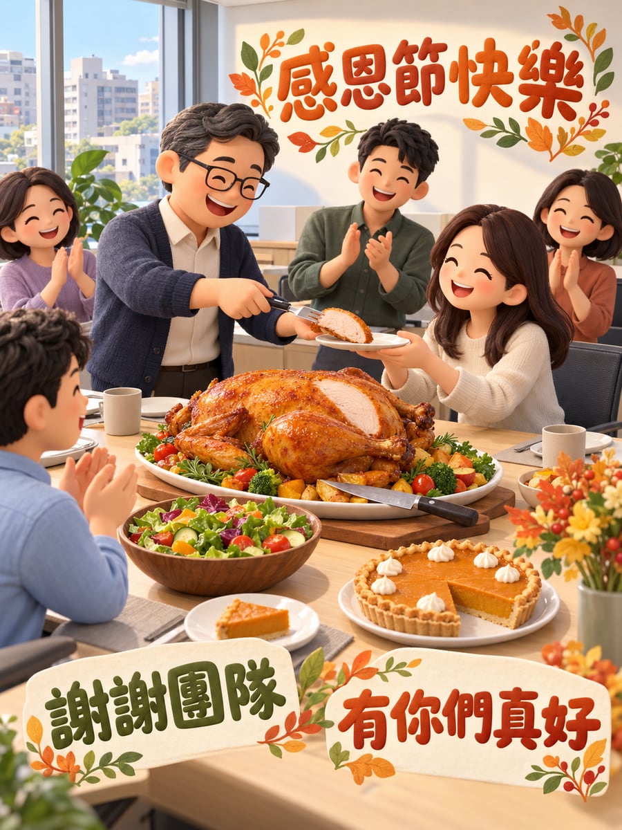 辦公室分享烤火雞。圖中文字：感恩節快樂，謝謝團隊，有你們真好