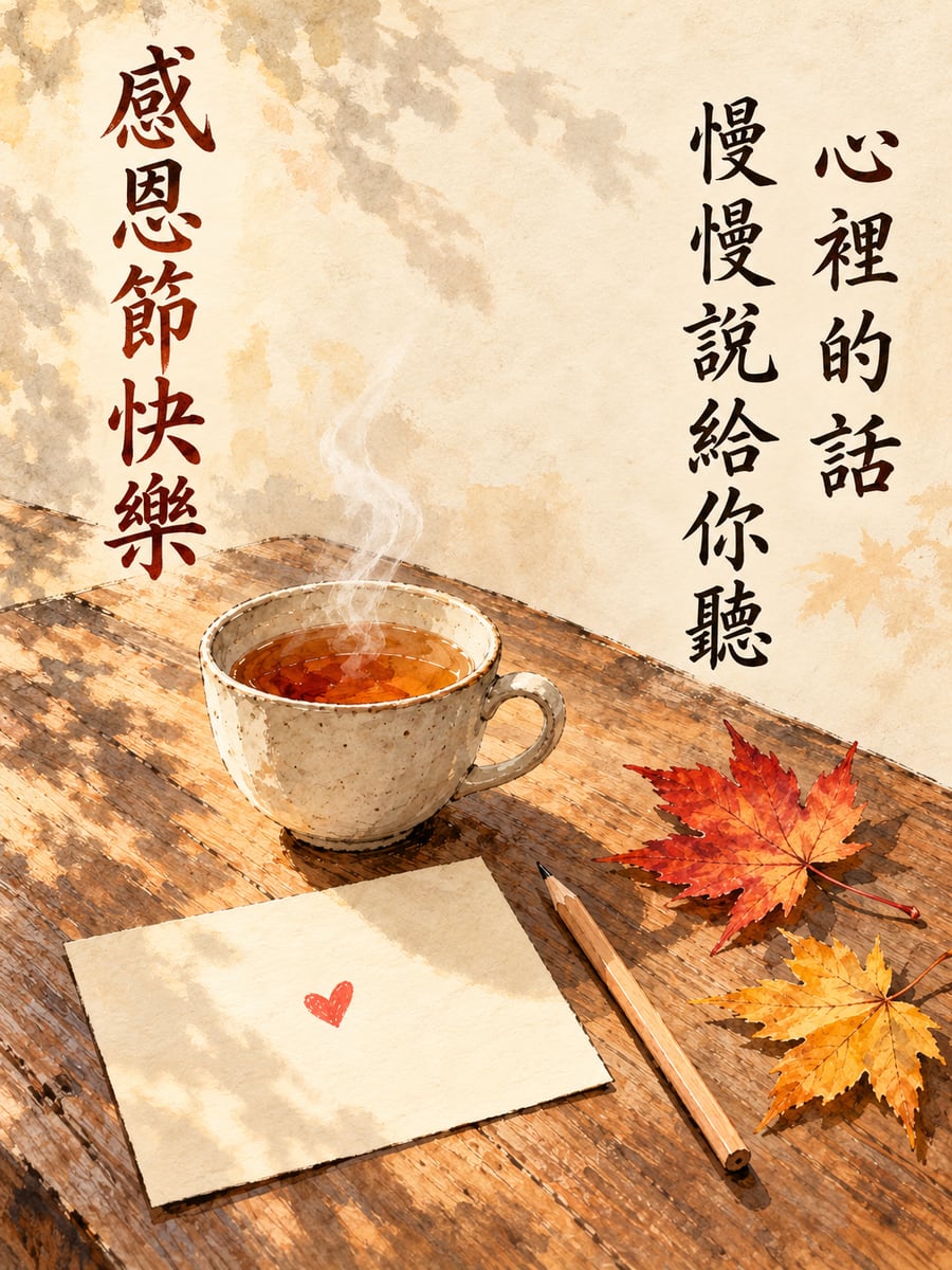 桌上的手寫謝卡。圖中文字：感恩節快樂，心裡的話，慢慢說給你聽