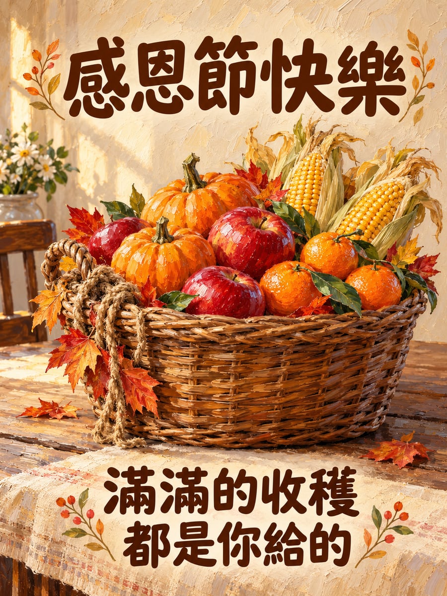 滿滿的秋收籃。圖中文字：感恩節快樂，滿滿的收穫，都是你給的