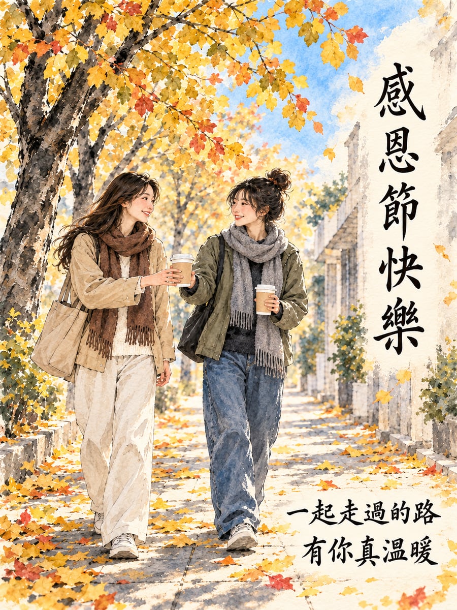 落葉小徑兩好友。圖中文字：感恩節快樂，一起走過的路，有你真溫暖