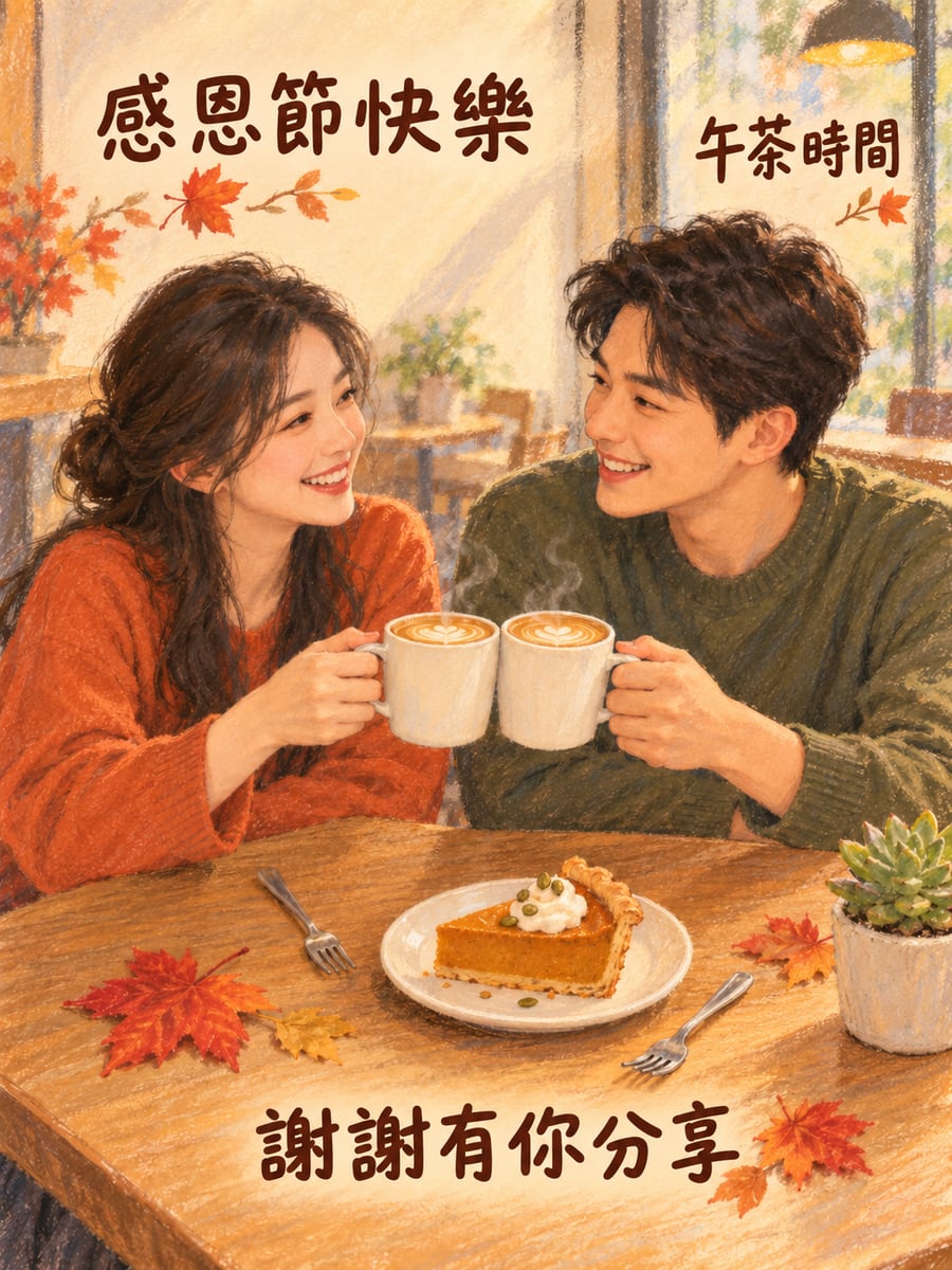 午茶時間的謝意。圖中文字：感恩節快樂，午茶時間，謝謝有你分享