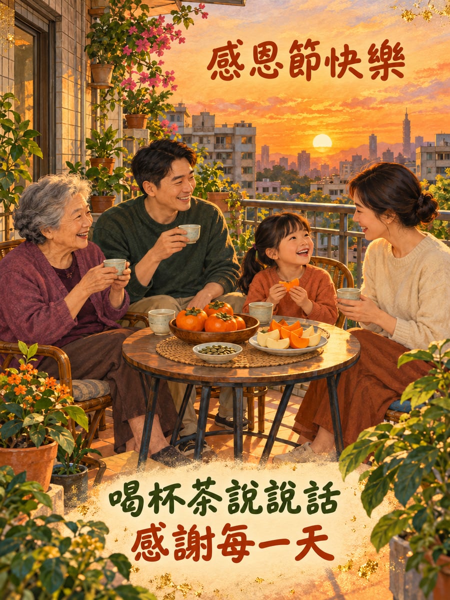 陽台上的三代茶敘。圖中文字：感恩節快樂，喝杯茶說說話，感謝每一天