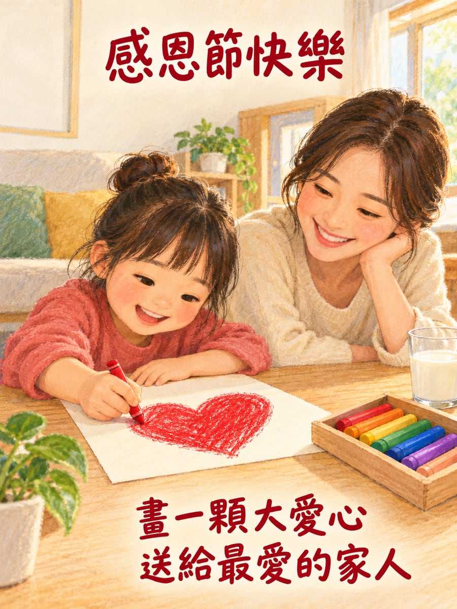 孩子畫愛心給家人。圖中文字：感恩節快樂，畫一顆大愛心，送給最愛的家人
