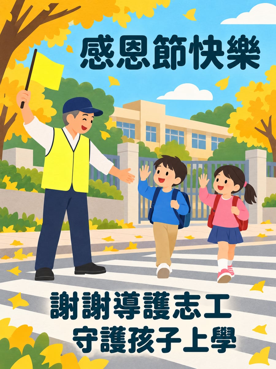 謝謝導護志工。圖中文字：感恩節快樂，謝謝導護志工，守護孩子上學