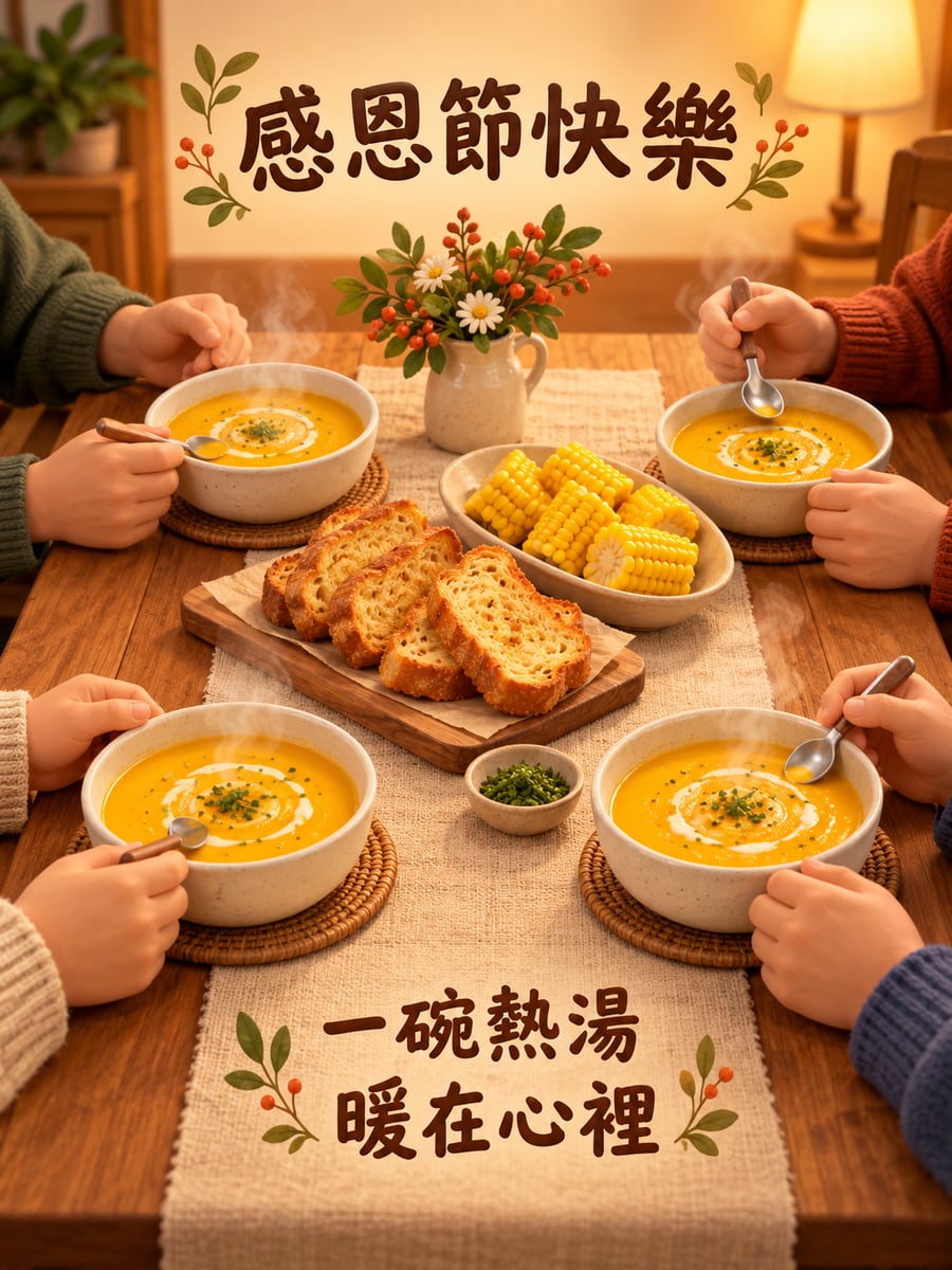一碗熱南瓜湯。圖中文字：感恩節快樂，一碗熱湯，暖在心裡