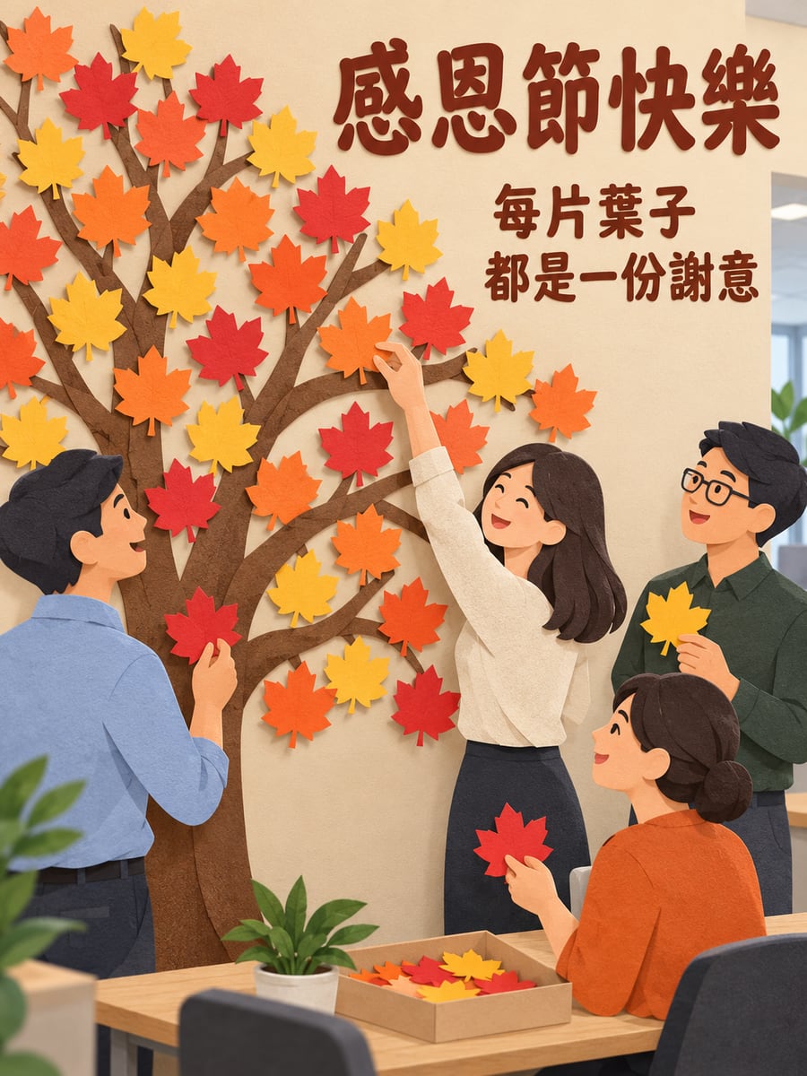 同事的感謝樹。圖中文字：感恩節快樂，每片葉子，都是一份謝意