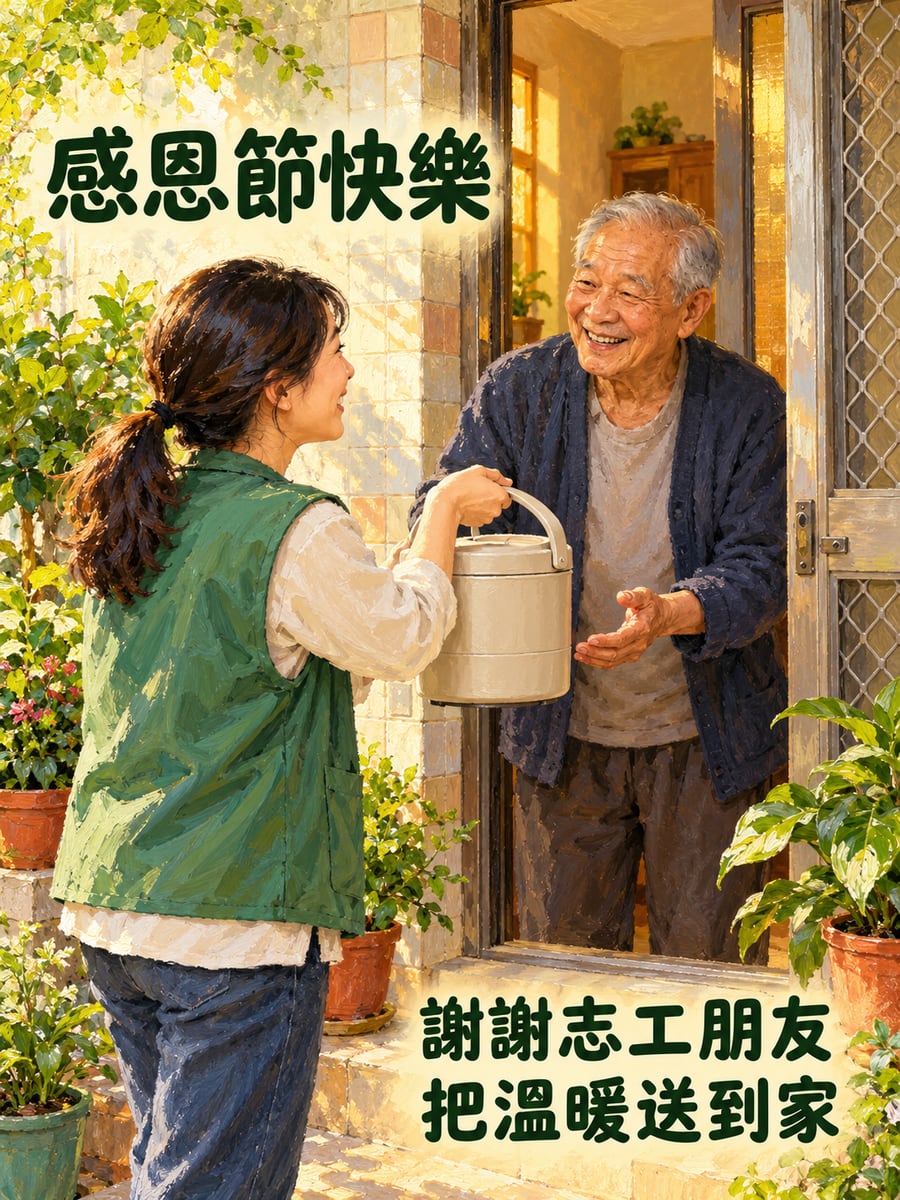 志工送餐到家。圖中文字：感恩節快樂，謝謝志工朋友，把溫暖送到家