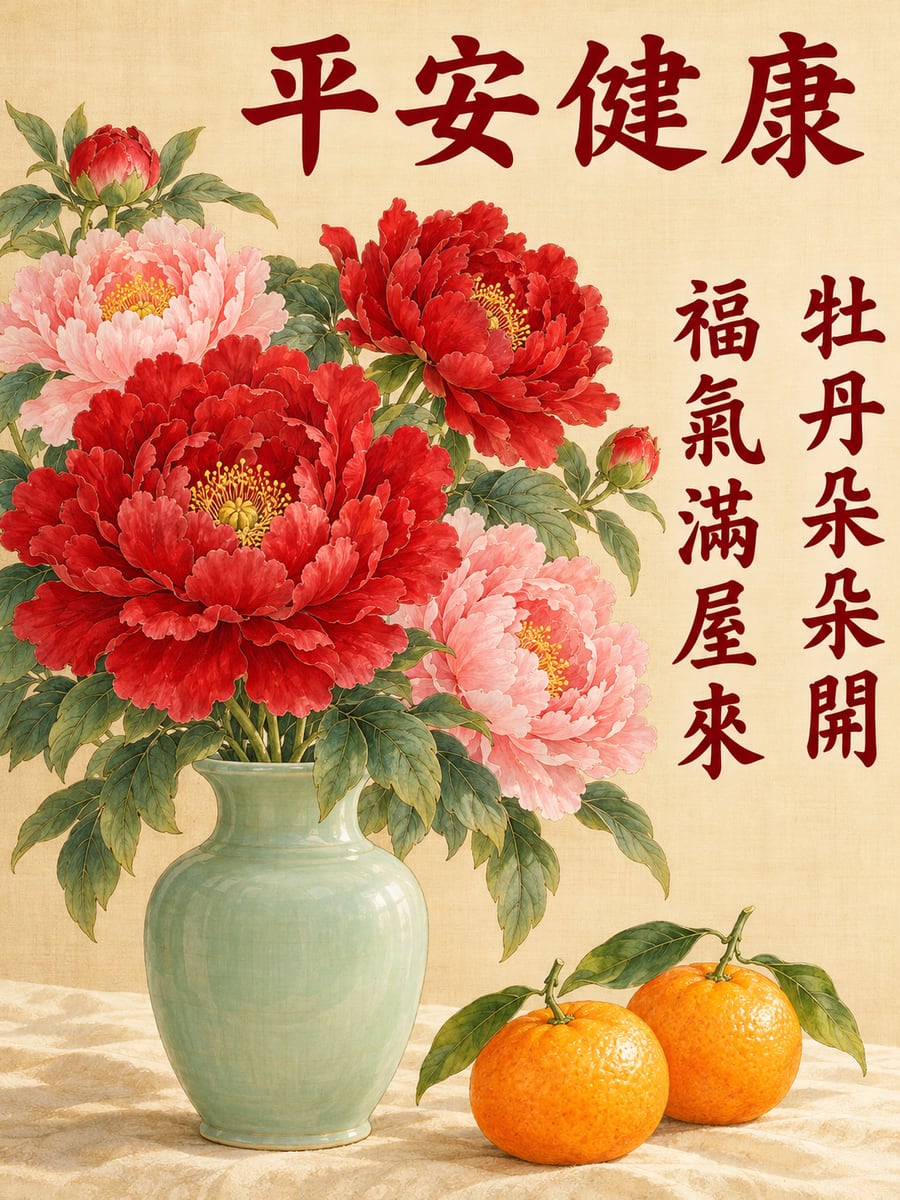 工筆牡丹花瓶。圖中文字：平安健康，牡丹朵朵開，福氣滿屋來