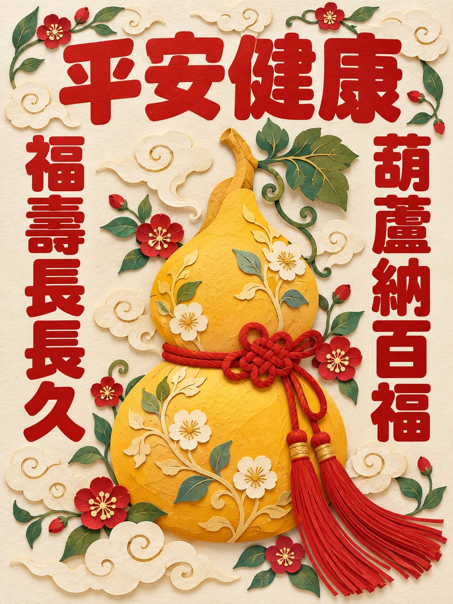 剪紙福葫蘆。圖中文字：平安健康，葫蘆納百福，福壽長長久