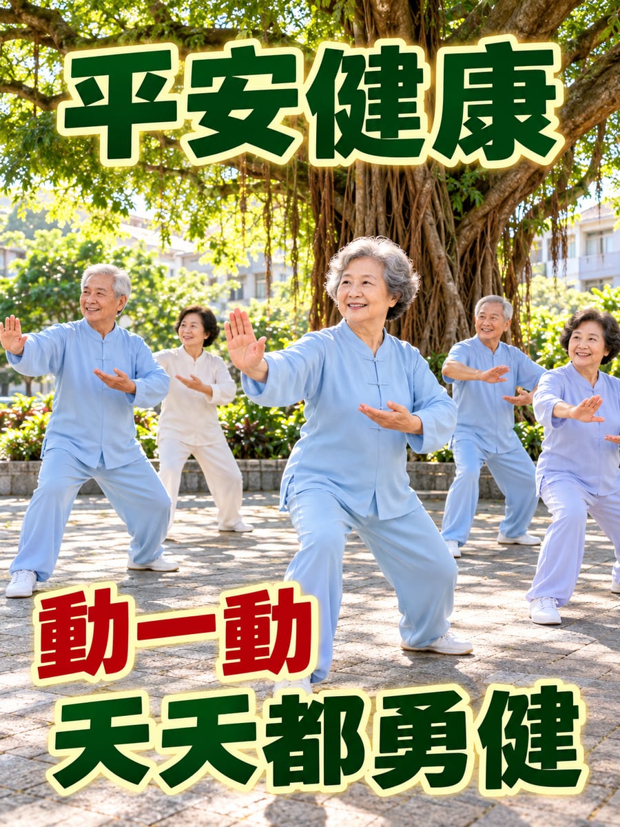 榕樹蔭打太極。圖中文字：平安健康，動一動，天天都勇健